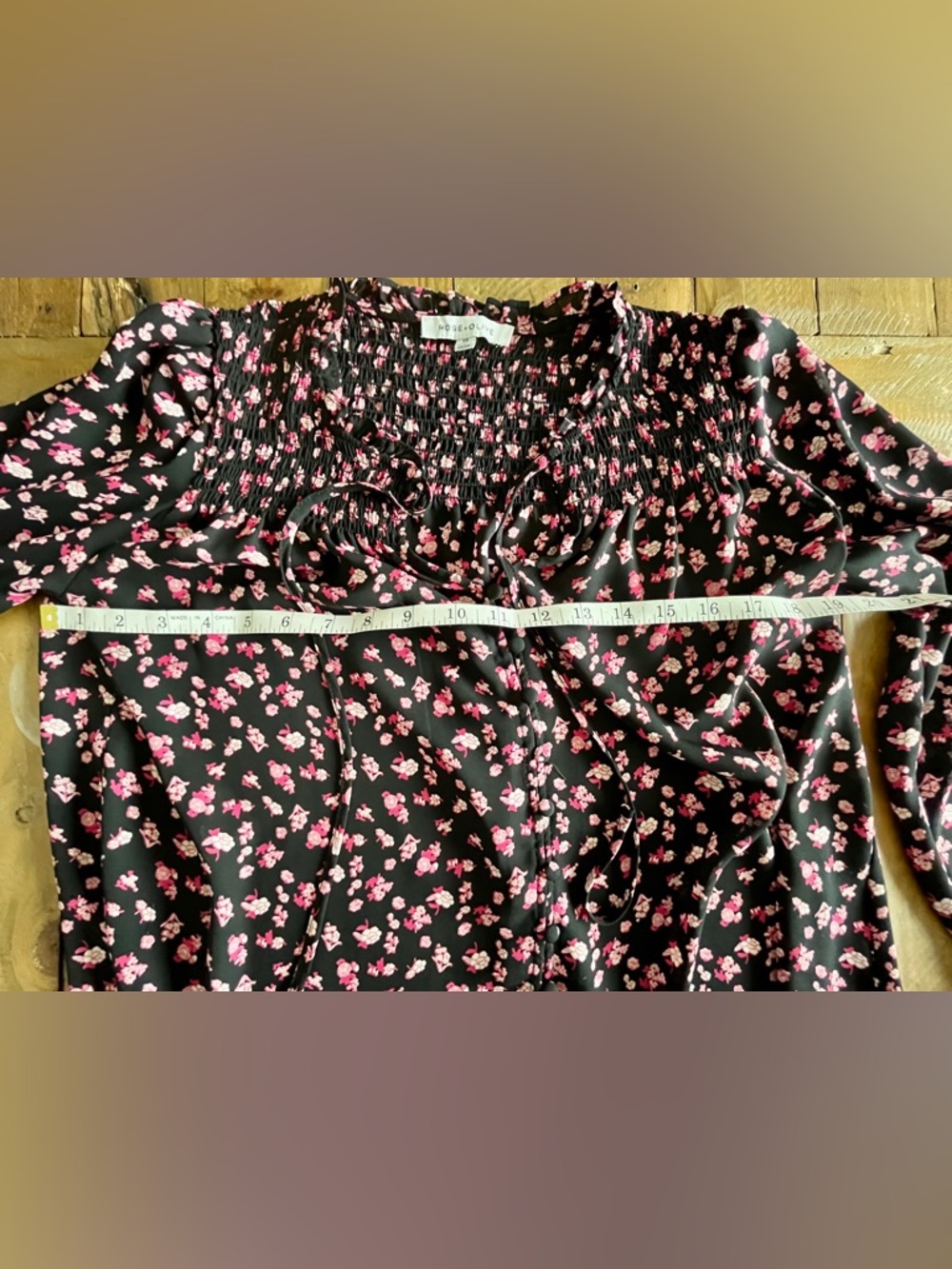 Rose & Olive Floral Smocked Peasant Blouse Cottagecore Boho Black Pink - Picture 9 of 14